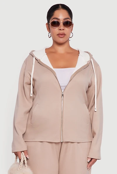 Plus Plush Lined Ribbed Knit Zip Front Hoodie
