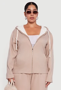 Plus Plush Lined Ribbed Knit Zip Front Hoodie