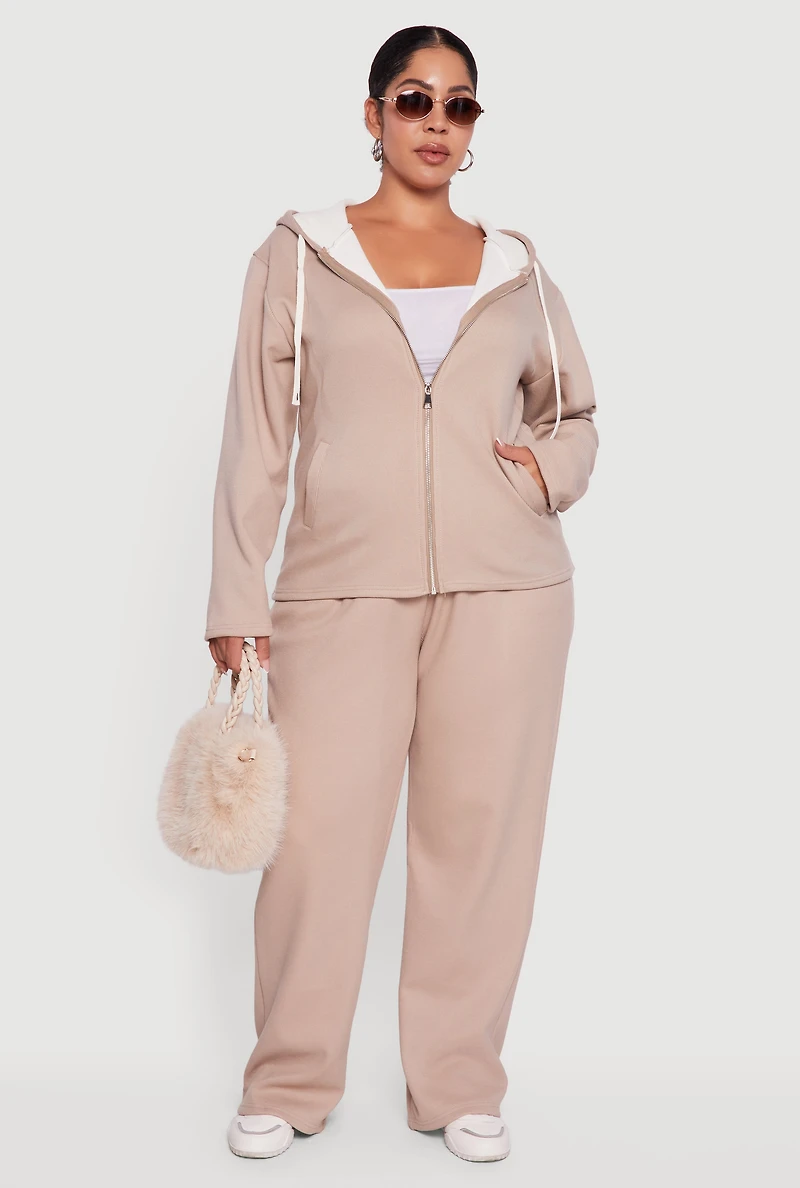 Plus Plush Lined Ribbed Knit Zip Front Hoodie