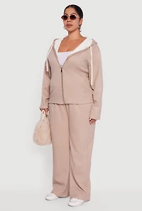 Plus Plush Lined Ribbed Knit Zip Front Hoodie