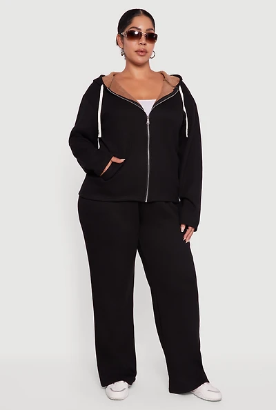 Womens Plus Size Plush Lined Ribbed Knit High Waisted Sweatpants, Black, Size 1X