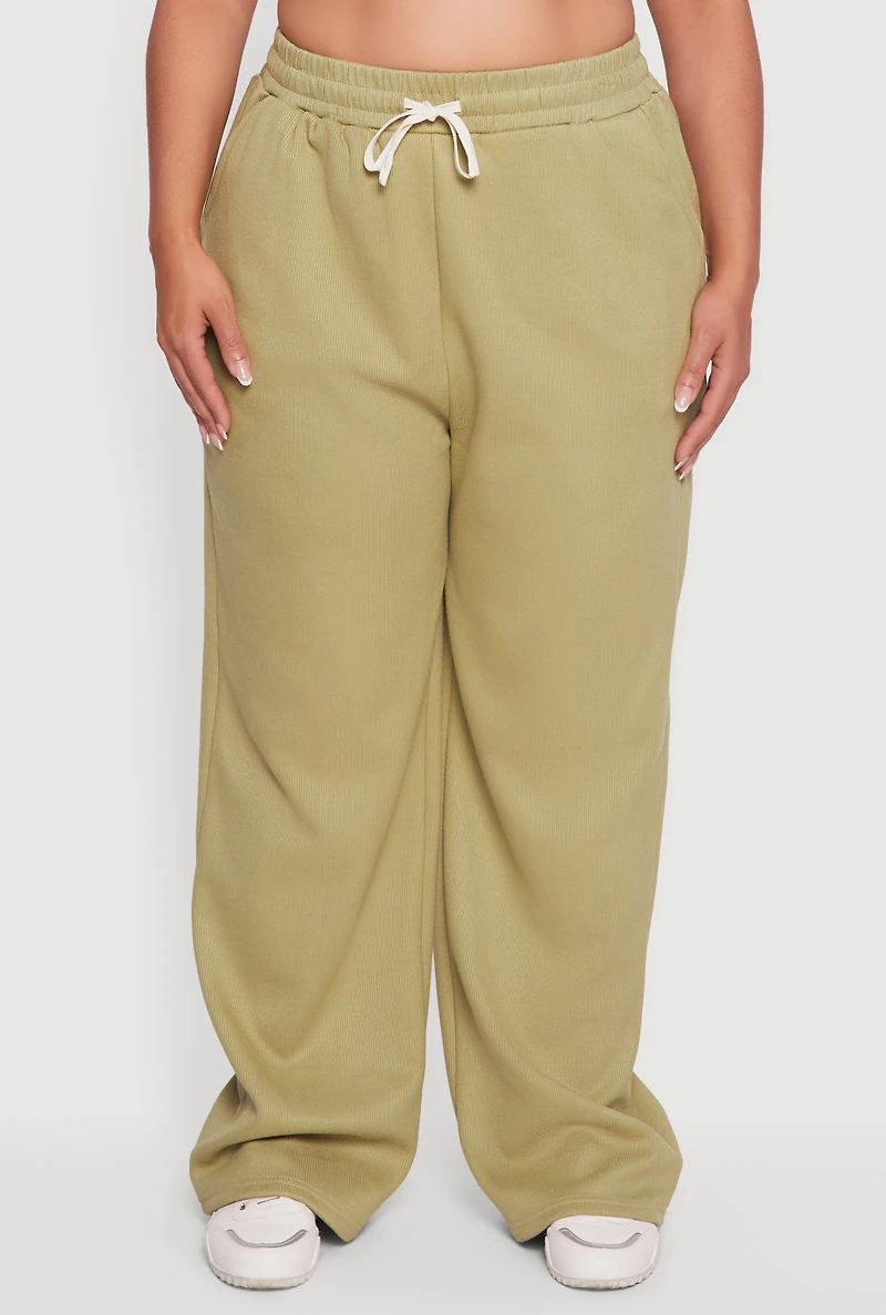 Womens Plus Plush Lined Ribbed Knit High Waisted Sweatpants,