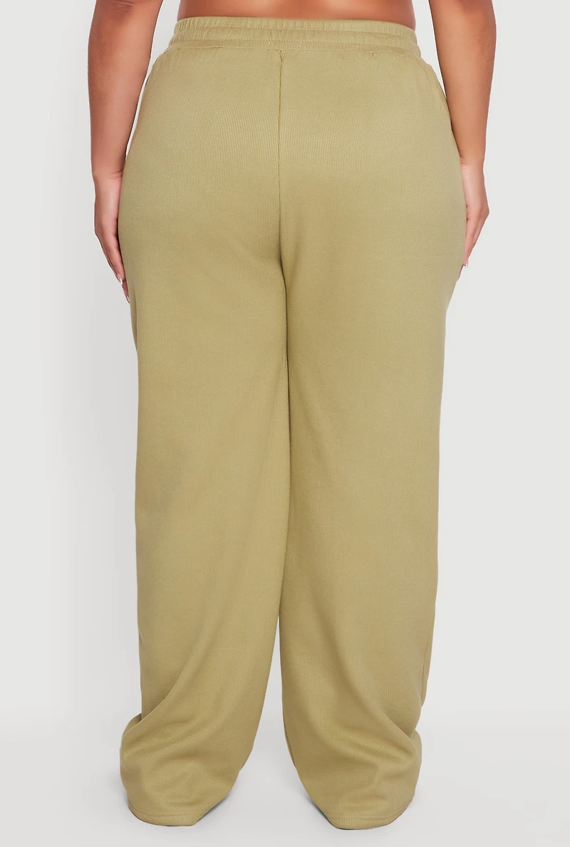 Womens Plus Plush Lined Ribbed Knit High Waisted Sweatpants,