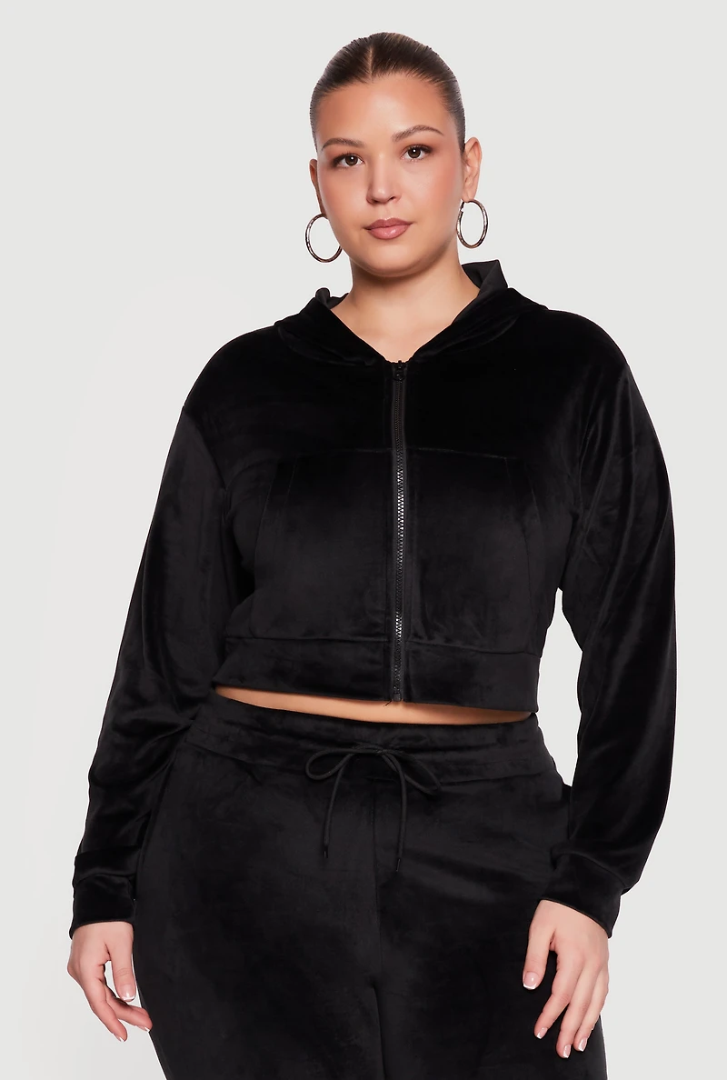 Plus Velour Zip Front Cropped Hoodie