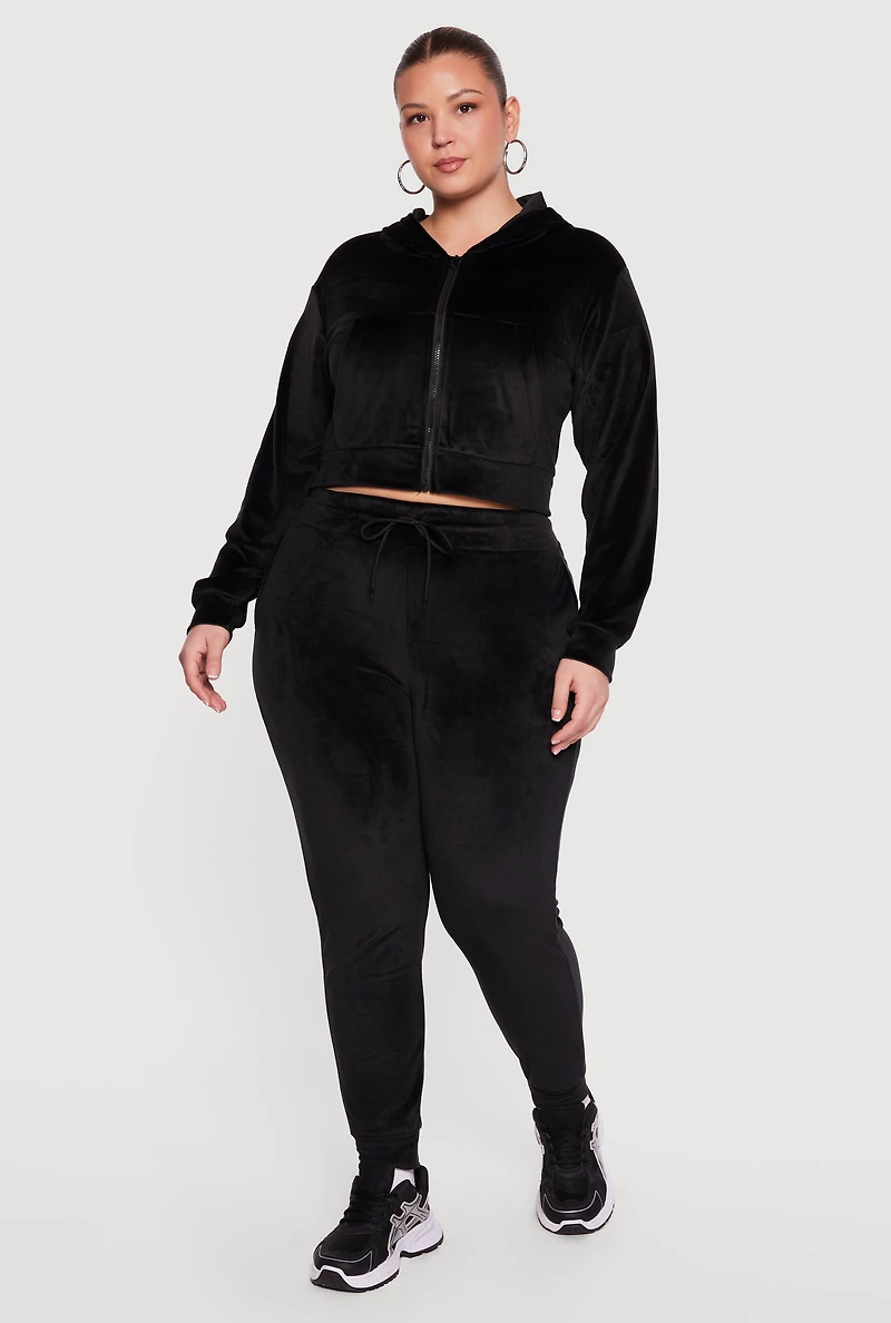 Plus Velour Zip Front Cropped Hoodie