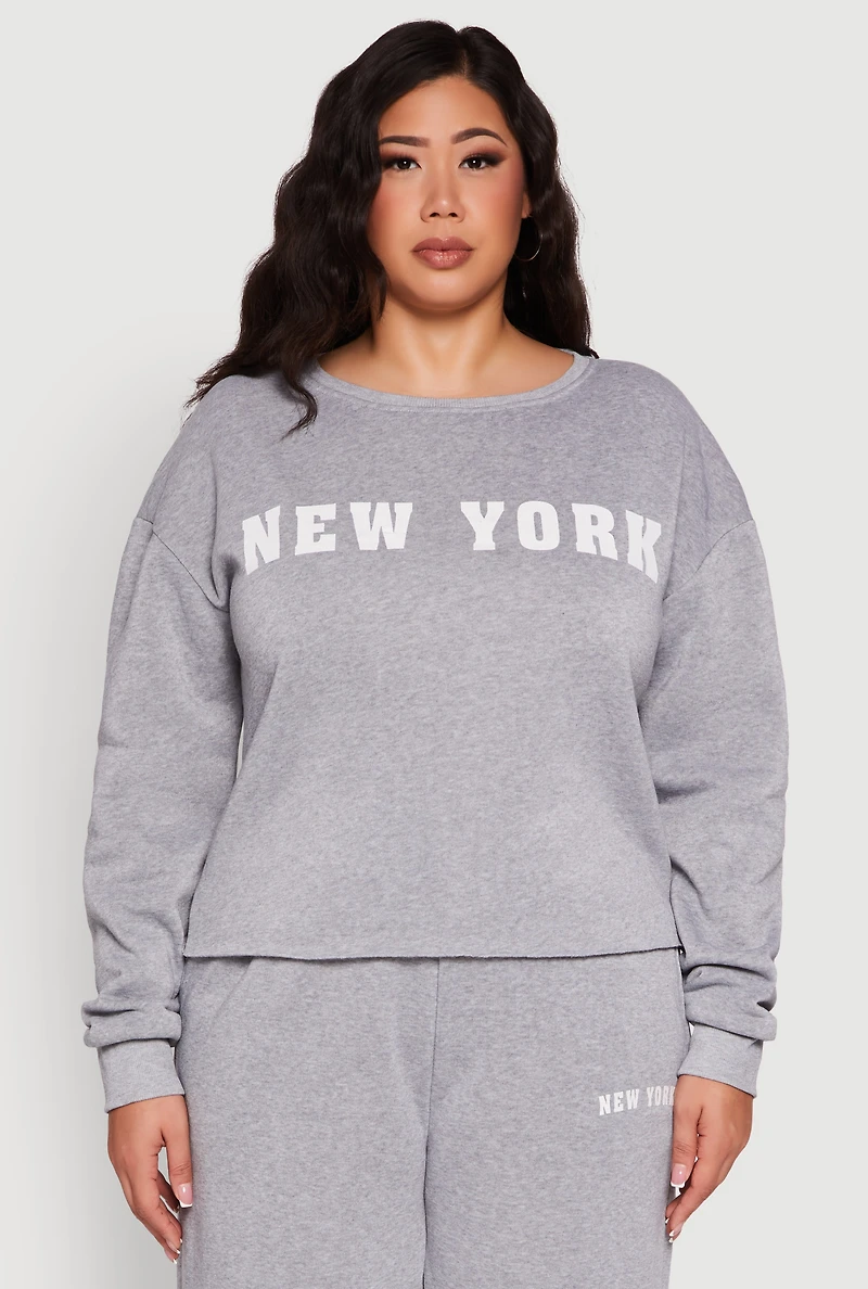 Womens Plus Size New York Graphic Raw Hem Sweatshirt, Grey, Size 3X