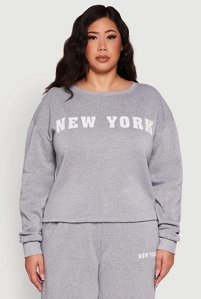 Womens Plus Size New York Graphic Raw Hem Sweatshirt, Grey, Size 3X