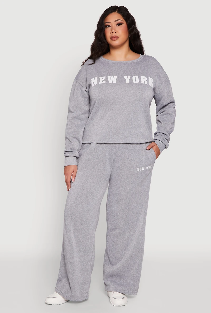 Womens Plus Size New York Graphic Raw Hem Sweatshirt, Grey, Size 3X