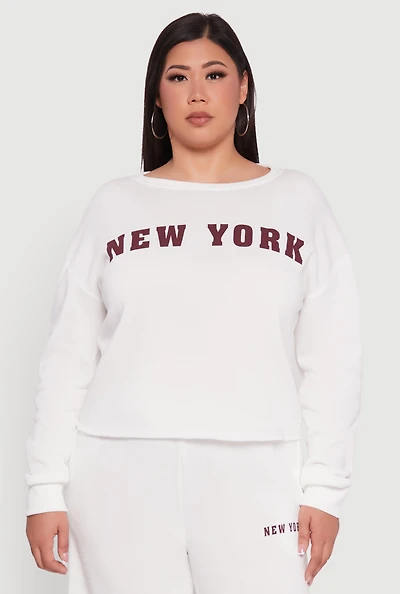 Womens Plus Size New York Graphic Raw Hem Sweatshirt, White, Size 1X