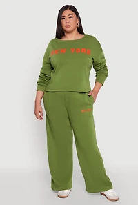 Womens Plus Size New York Graphic Raw Hem Sweatshirt, Green, Size 3X