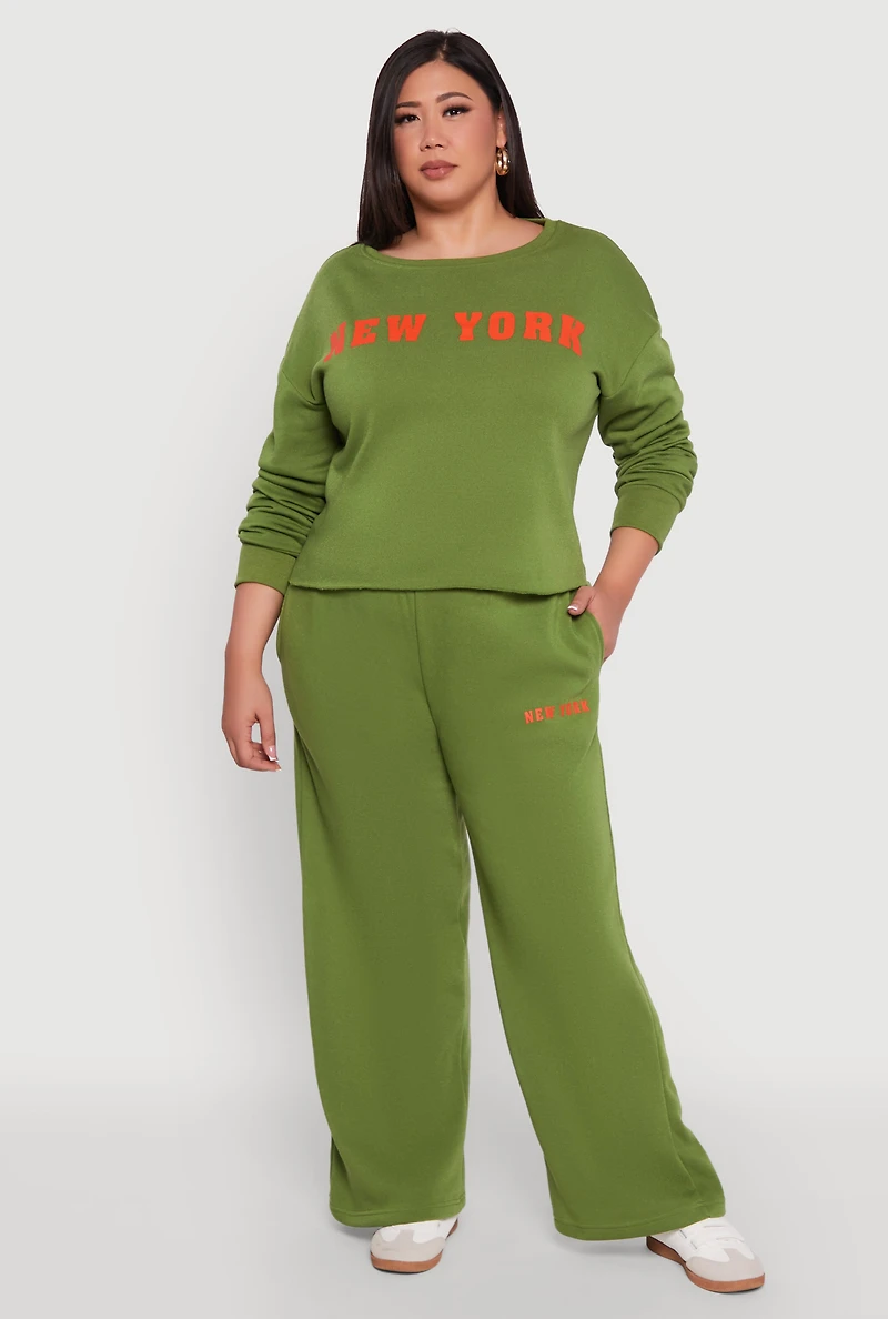 Womens Plus Size New York Graphic Raw Hem Sweatshirt, Green, Size 2X