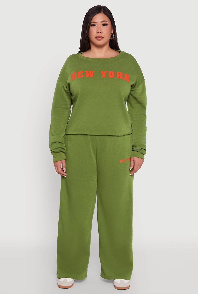 Womens Plus Size New York Graphic Raw Hem Sweatshirt, Green, Size 3X