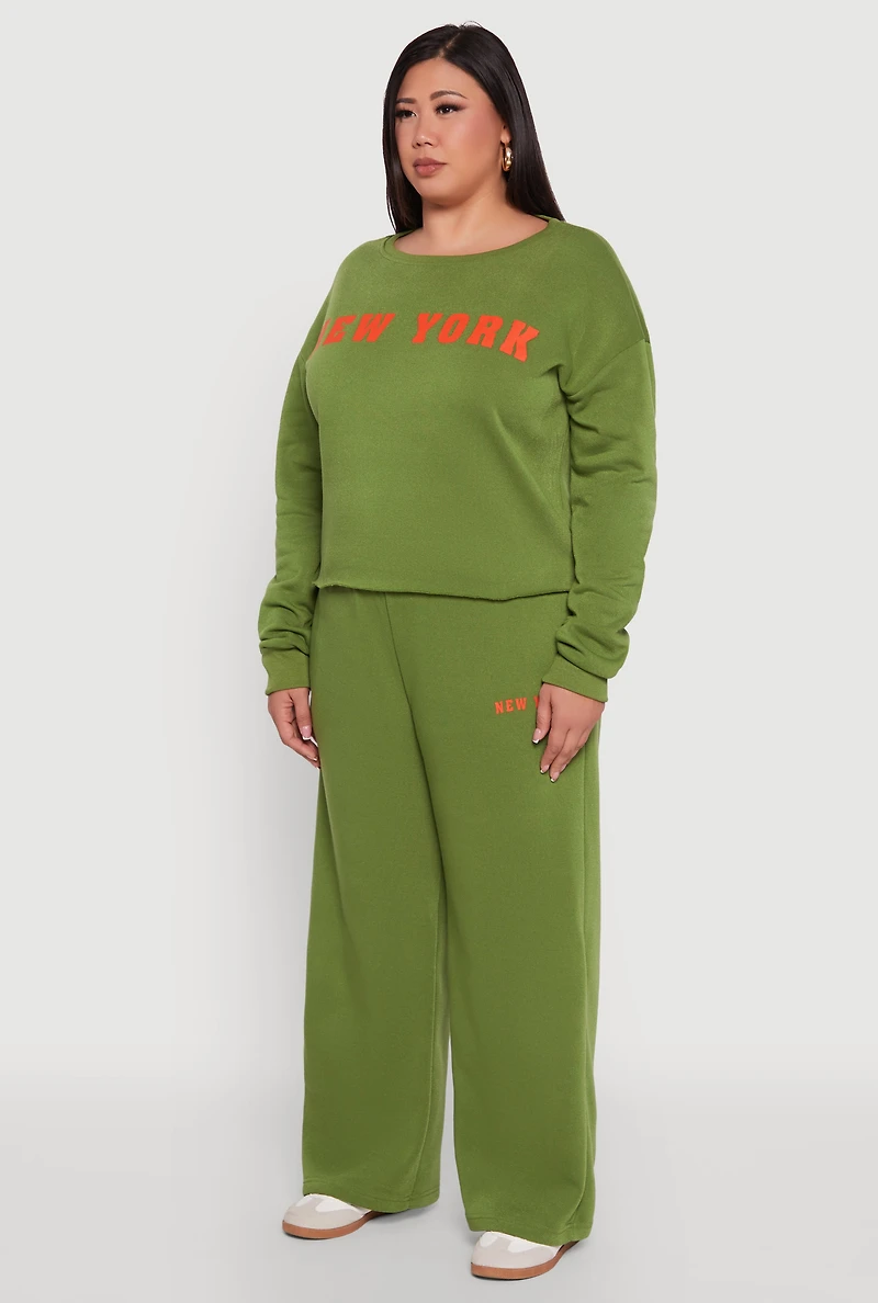 Womens Plus Size New York Graphic Raw Hem Sweatshirt, Green, Size 2X