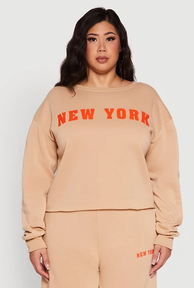 Womens Plus Size New York Graphic Raw Hem Sweatshirt, Beige, Size 1X