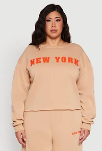 Womens Plus Size New York Graphic Raw Hem Sweatshirt, Beige, Size 1X