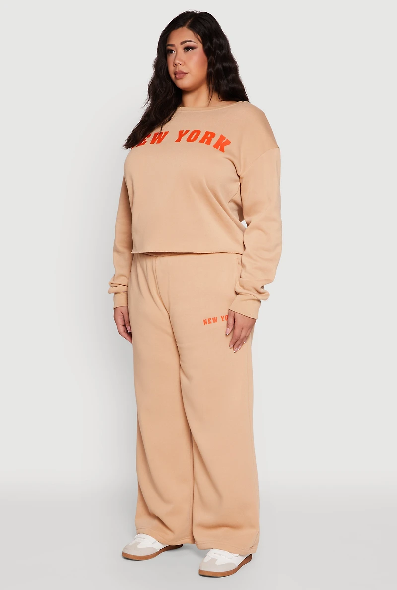 Womens Plus Size New York Graphic Raw Hem Sweatshirt, Beige, Size 1X