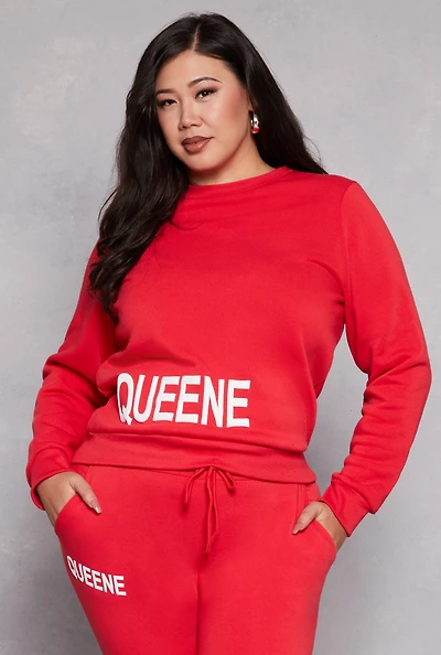 Womens Plus Size Queene Puff Print Fleece Lined Sweatshirt, Red, Size 1X