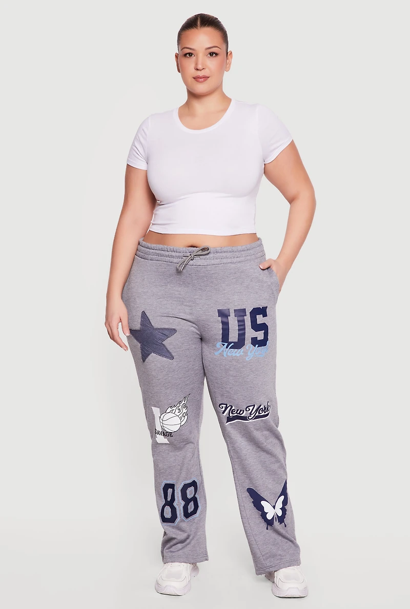 Plus High Waisted New York Graphic Drawstring Waist Sweatpants