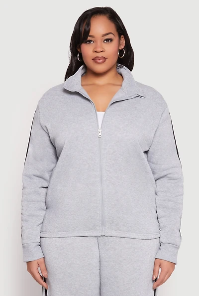 Womens Plus Size Varsity Stripe Zip Front Sweatshirt, Grey, Size 1X