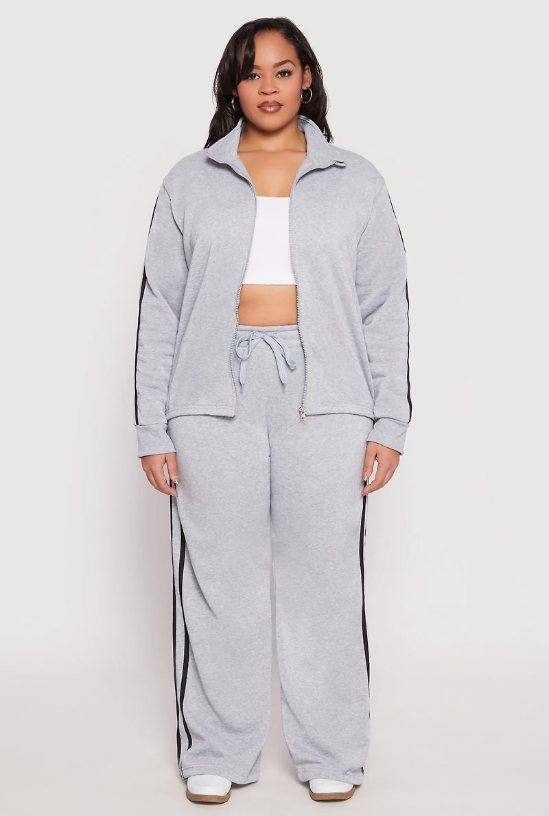 Womens Plus Size Varsity Stripe Zip Front Sweatshirt, Grey, Size 1X