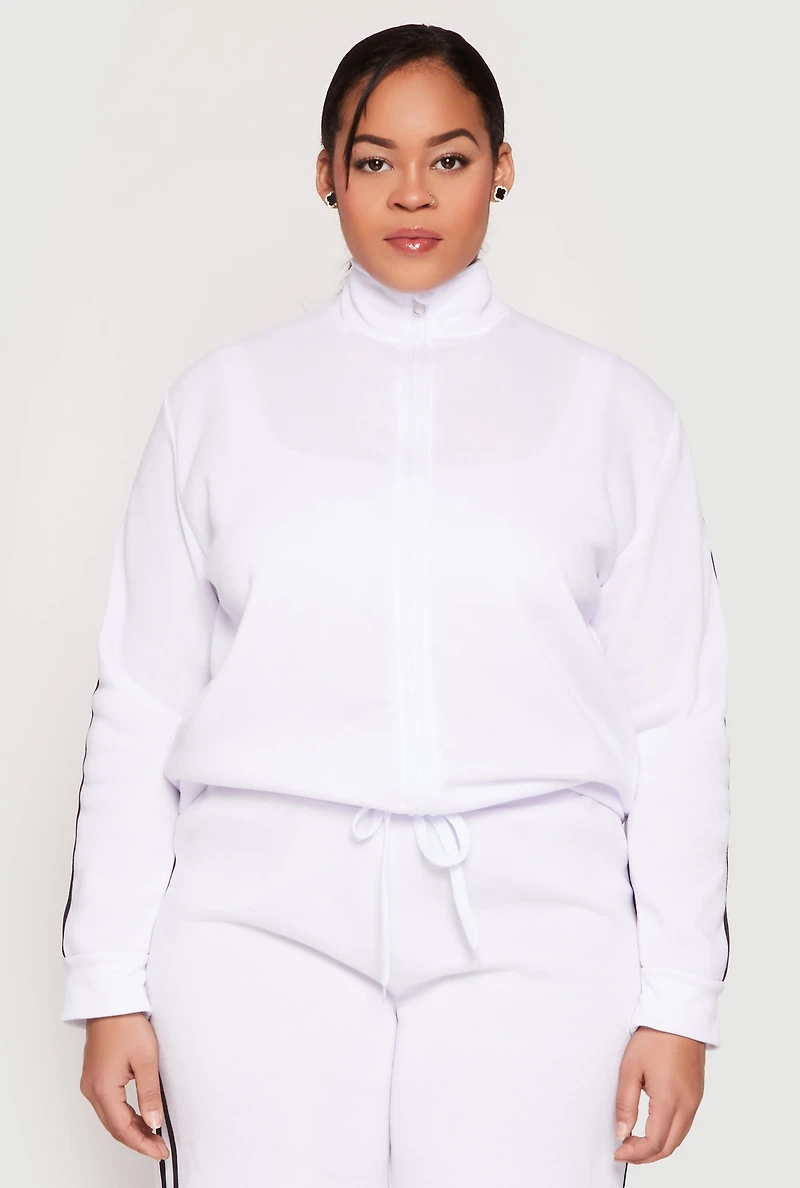 Womens Plus Size Varsity Stripe Zip Front Sweatshirt, White, Size 2X