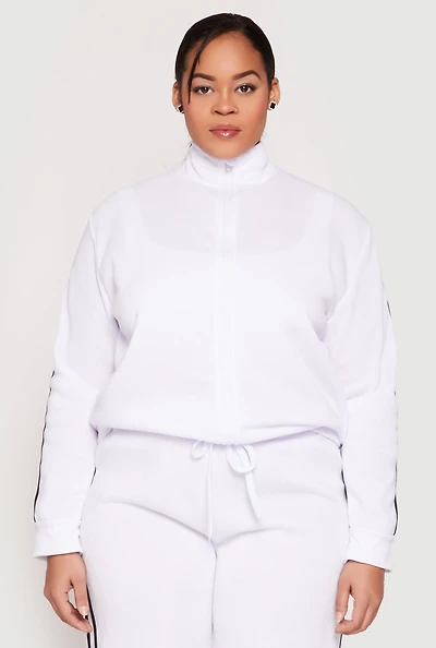Womens Plus Size Varsity Stripe Zip Front Sweatshirt, White, Size 2X