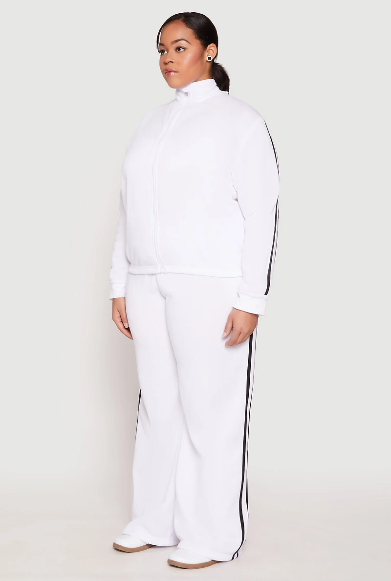 Womens Plus Size Varsity Stripe Zip Front Sweatshirt, White, Size 2X