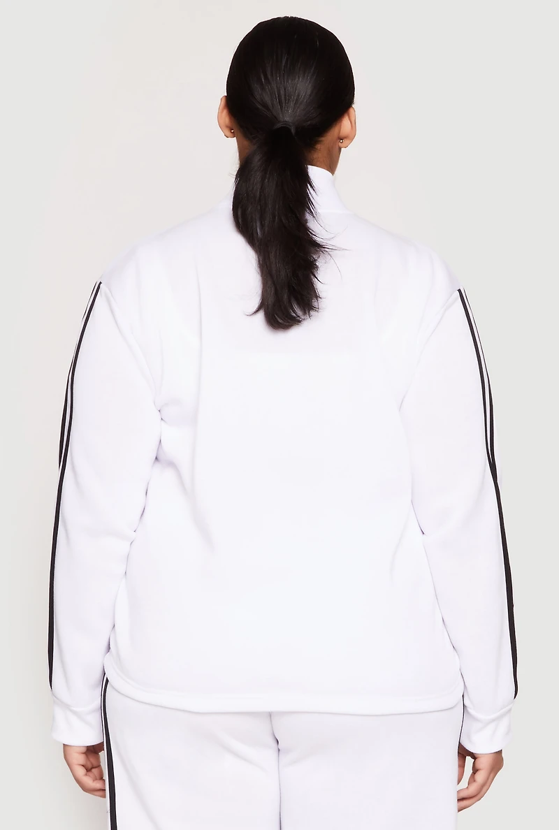Womens Plus Size Varsity Stripe Zip Front Sweatshirt, White, Size 2X