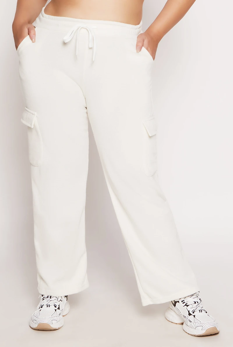 Womens Plus Size Drawstring Cargo Sweatpants, White, Size 1X