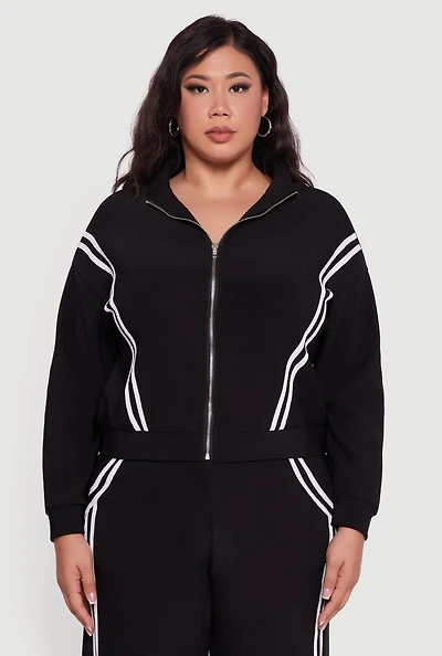 Womens Plus Size Mock Neck Varsity Stripe Detail Track Jacket, Black, Size 1X