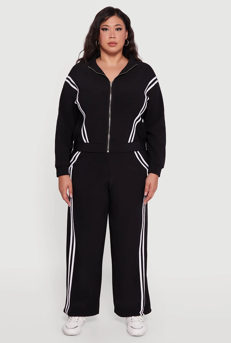 Womens Plus Size Mock Neck Varsity Stripe Detail Track Jacket, Black, Size 1X