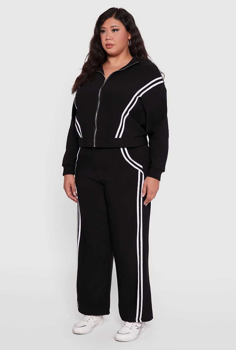 Womens Plus Size Mock Neck Varsity Stripe Detail Track Jacket, Black, Size 1X