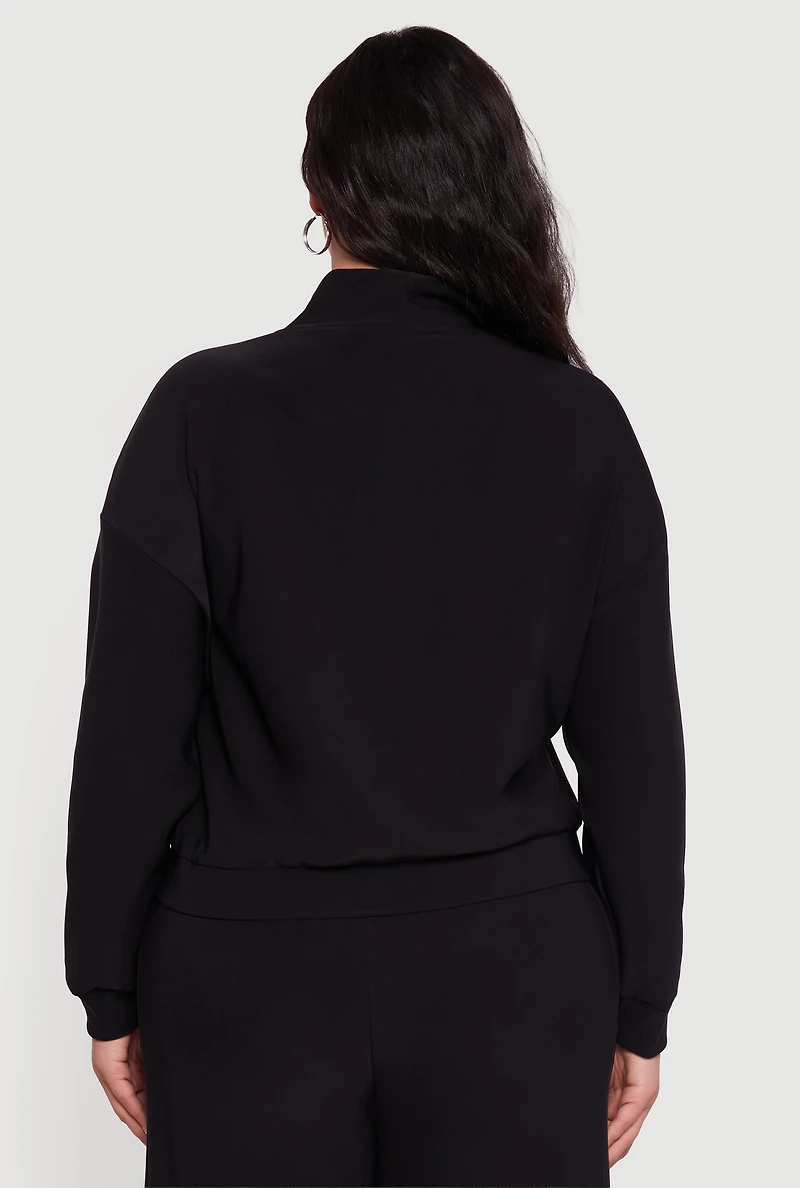 Womens Plus Size Mock Neck Varsity Stripe Detail Track Jacket, Black, Size 1X