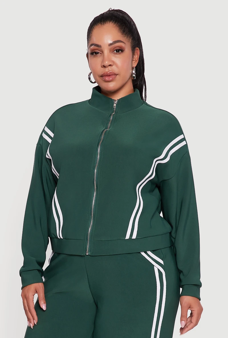 Womens Plus Size Mock Neck Varsity Stripe Detail Track Jacket, Green, Size 1X