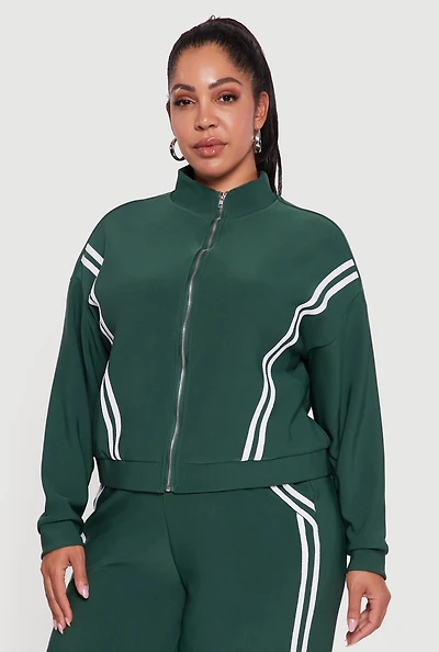 Womens Plus Size Mock Neck Varsity Stripe Detail Track Jacket, Green, Size 1X