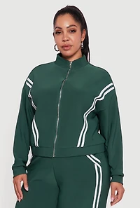 Womens Plus Size Mock Neck Varsity Stripe Detail Track Jacket, Green, Size 1X