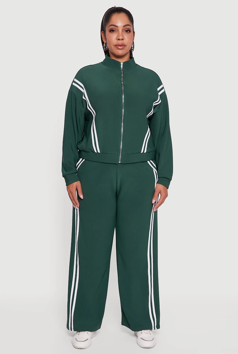 Womens Plus Size Mock Neck Varsity Stripe Detail Track Jacket, Green, Size 1X
