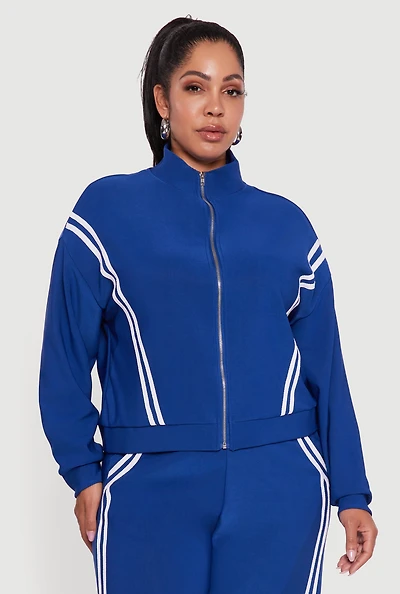 Womens Plus Size Mock Neck Varsity Stripe Detail Track Jacket, Blue, Size 3X
