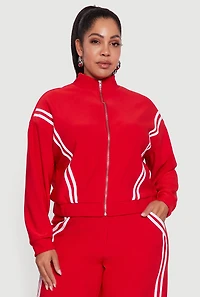 Womens Plus Size Mock Neck Varsity Stripe Detail Track Jacket, Red, Size 3X