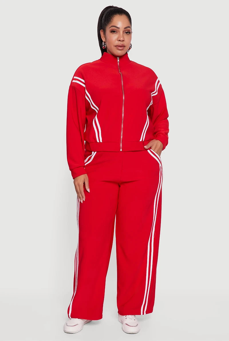 Womens Plus Size Mock Neck Varsity Stripe Detail Track Jacket, Red, Size 3X