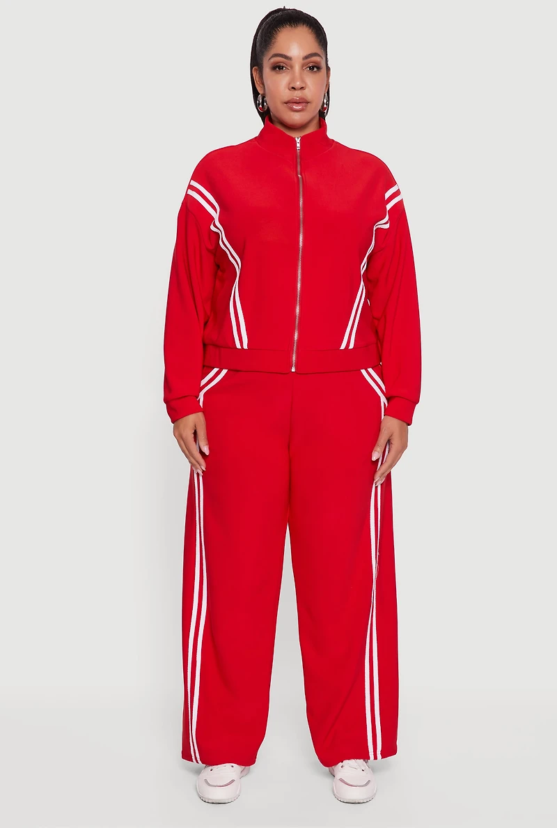 Womens Plus Size Mock Neck Varsity Stripe Detail Track Jacket, Red, Size 3X