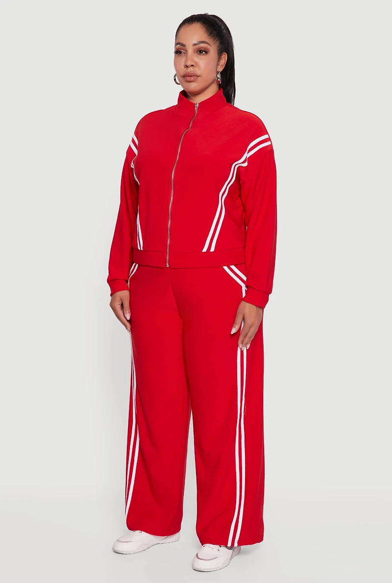 Womens Plus Size Mock Neck Varsity Stripe Detail Track Jacket, Red, Size 3X