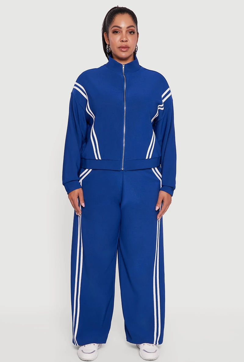 Womens Plus Varsity Stripe Pull On Track Pants, Blue,