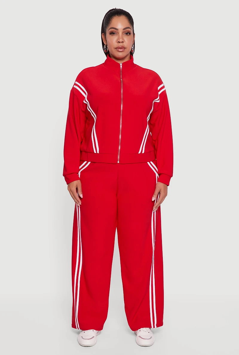 Womens Plus Size Varsity Stripe Pull On Track Pants, Red, Size 1X