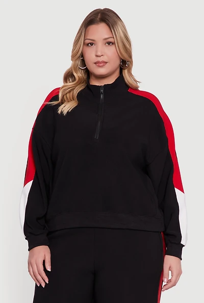 Womens Plus Size Color Blocked Half Zip Neck Track Jacket, Black, Size 1X