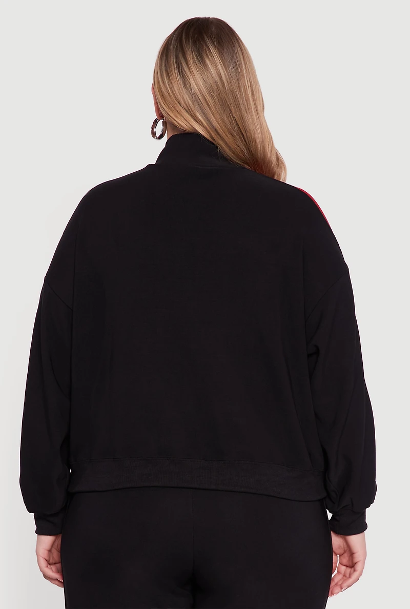 Womens Plus Color Blocked Half Zip Neck Track Jacket, Black,