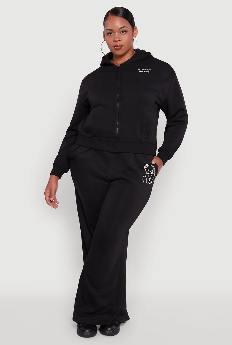 Womens Plus Bear Graphic High Waisted Wide Leg Sweatpants,