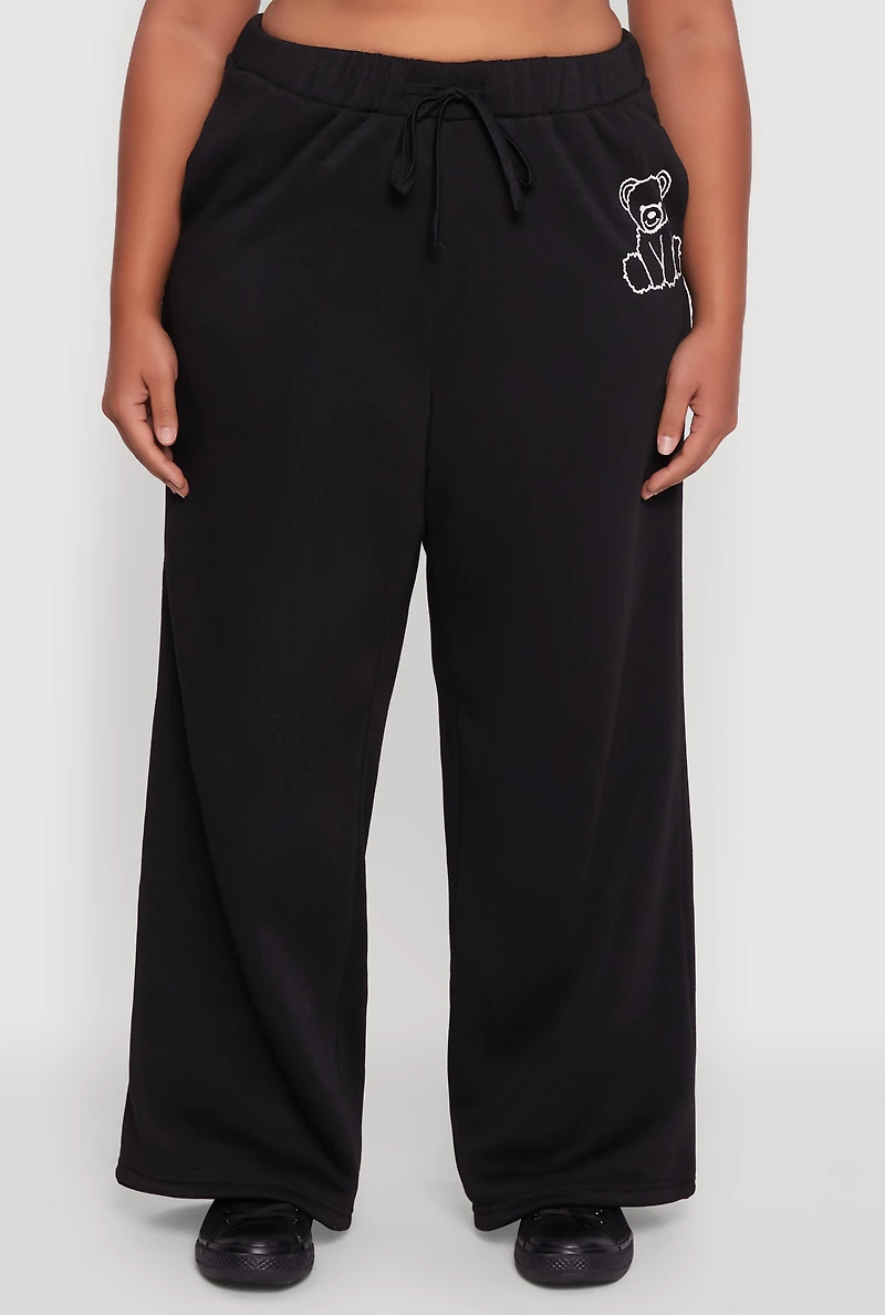 Womens Plus Bear Graphic High Waisted Wide Leg Sweatpants,