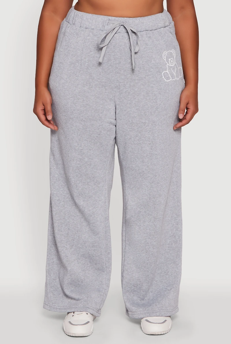 Womens Plus Size Bear Graphic High Waisted Wide Leg Sweatpants, Grey, Size 3X