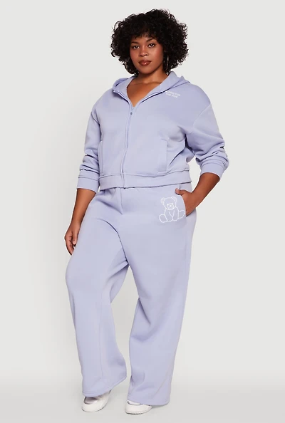 Womens Plus Bear Graphic High Waisted Wide Leg Sweatpants,